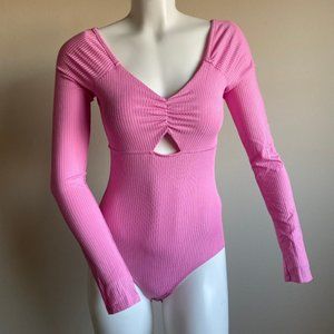 Material Girl Ribbed Ruched Keyhole Pink Bodysuit